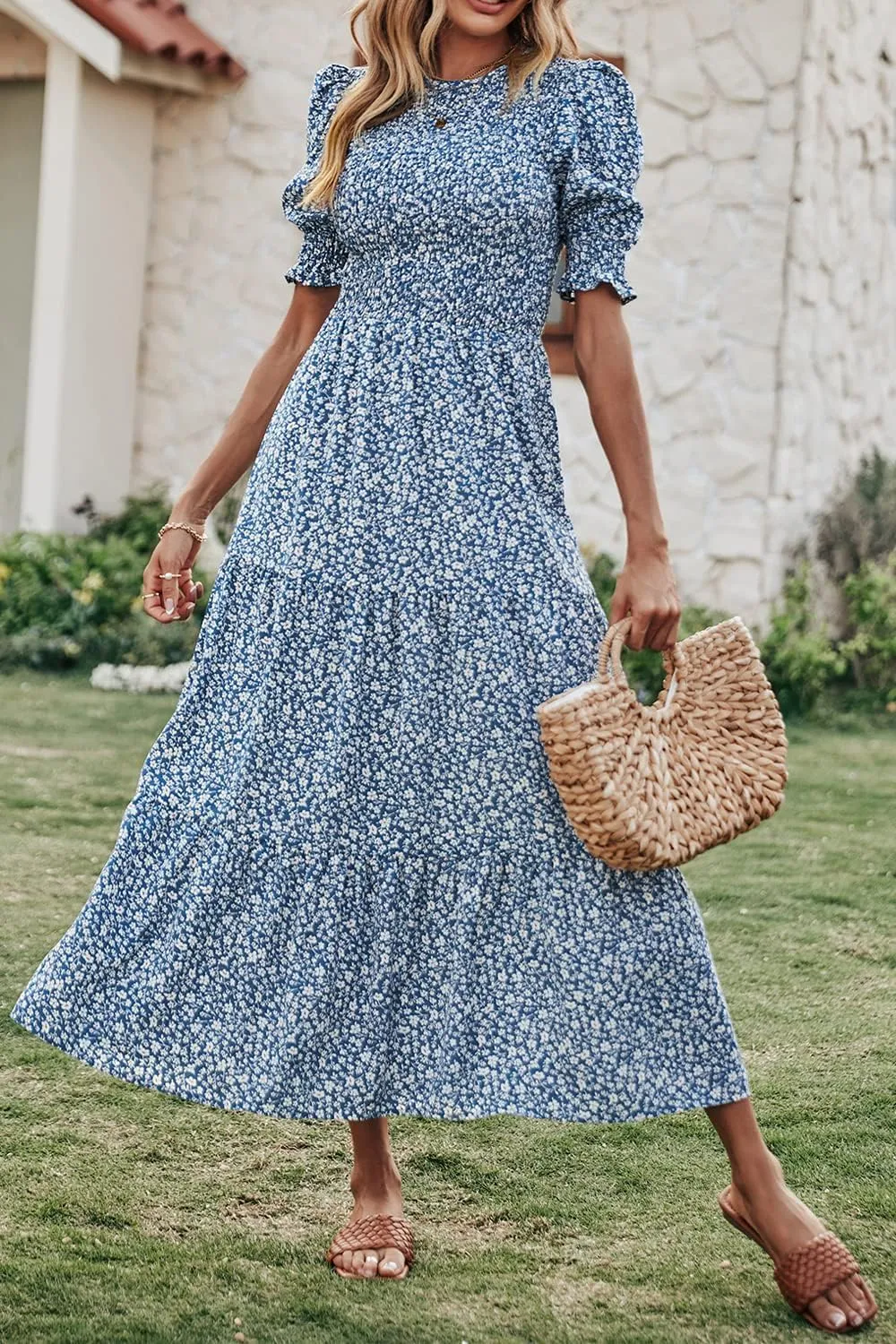 BTFBM Women Casual Summer Dresses 2025 Spring Crew Neck Ruffle Short Sleeve Floral Print Smocked Boho Flowy Maxi Dress