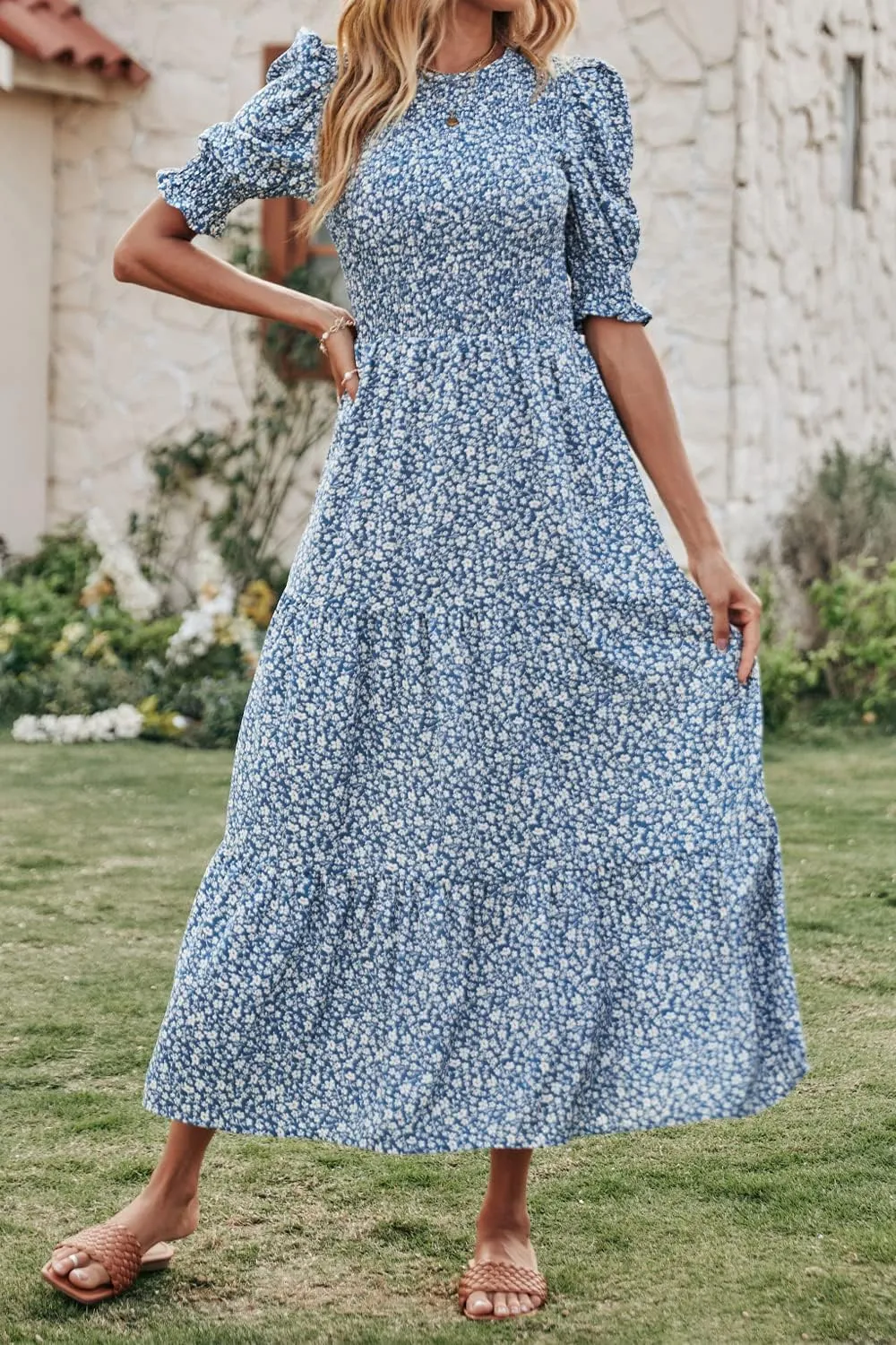 BTFBM Women Casual Summer Dresses 2025 Spring Crew Neck Ruffle Short Sleeve Floral Print Smocked Boho Flowy Maxi Dress