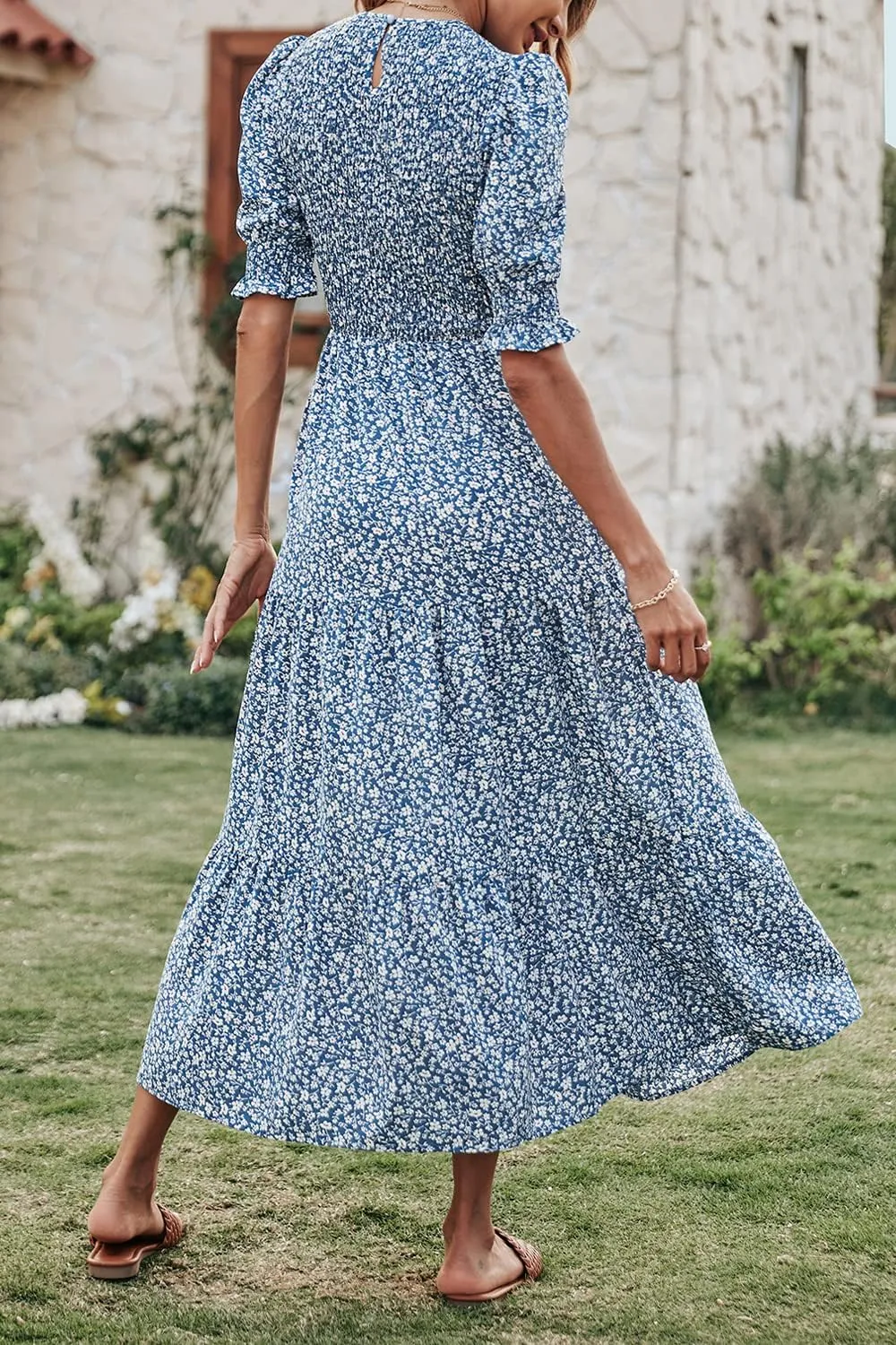 BTFBM Women Casual Summer Dresses 2025 Spring Crew Neck Ruffle Short Sleeve Floral Print Smocked Boho Flowy Maxi Dress