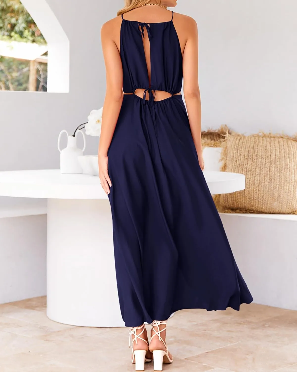 BTFBM Women Halter Summer Dresses 2025 Sleeveless Cutout Backless Sundress Slit Boho Casual Maxi Wedding Beach Dress