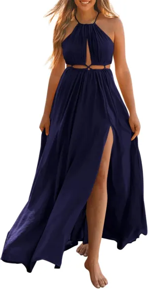 BTFBM Women Halter Summer Dresses 2025 Sleeveless Cutout Backless Sundress Slit Boho Casual Maxi Wedding Beach Dress