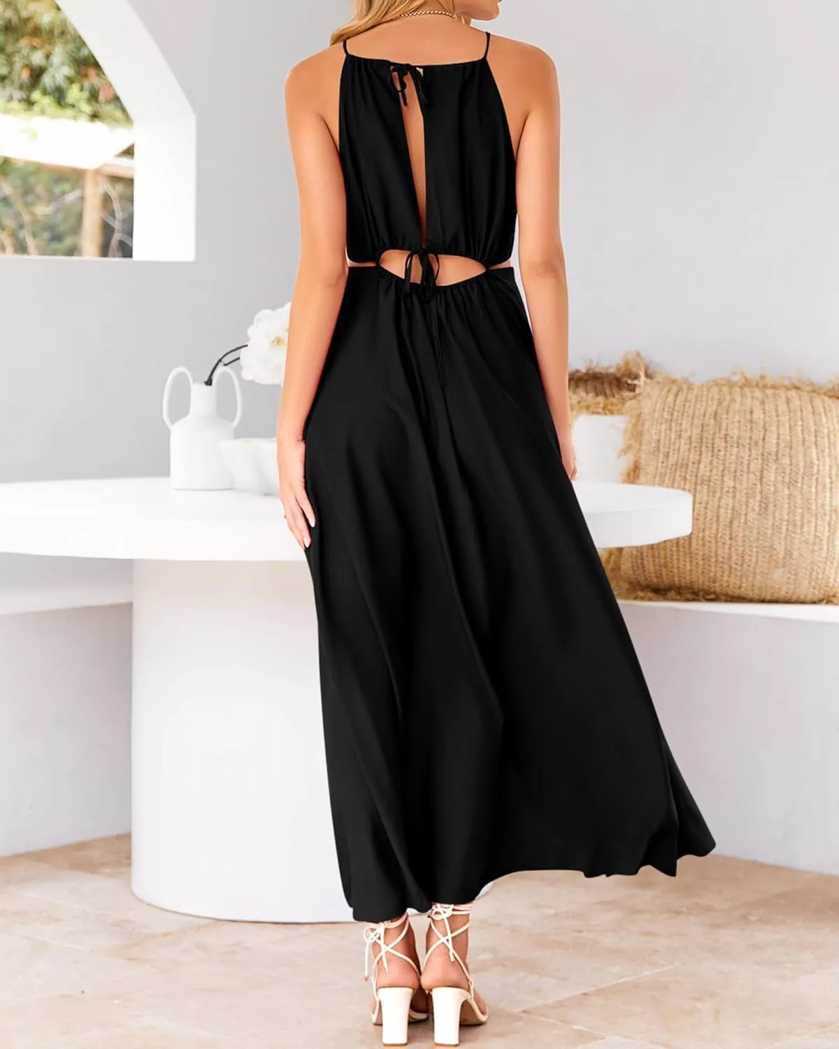 BTFBM Women Halter Summer Dresses 2025 Sleeveless Cutout Backless Sundress Slit Boho Casual Maxi Wedding Beach Dress