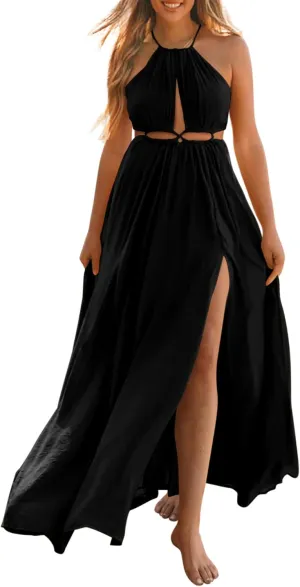 BTFBM Women Halter Summer Dresses 2025 Sleeveless Cutout Backless Sundress Slit Boho Casual Maxi Wedding Beach Dress