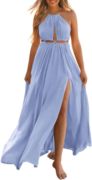 BTFBM Women Halter Summer Dresses 2025 Sleeveless Cutout Backless Sundress Slit Boho Casual Maxi Wedding Beach Dress