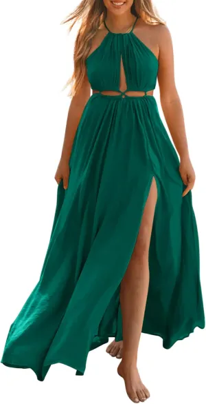 BTFBM Women Halter Summer Dresses 2025 Sleeveless Cutout Backless Sundress Slit Boho Casual Maxi Wedding Beach Dress