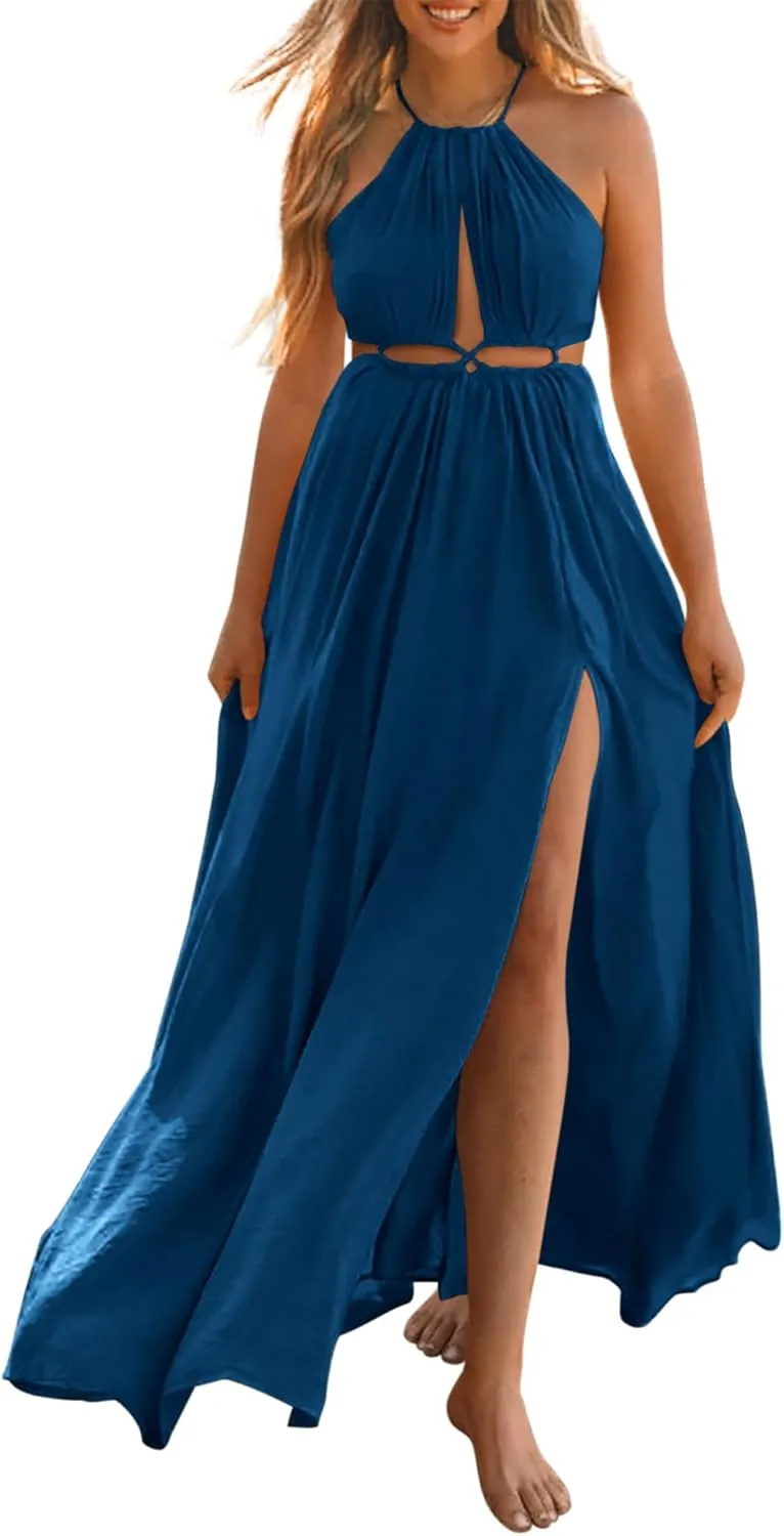 BTFBM Women Halter Summer Dresses 2025 Sleeveless Cutout Backless Sundress Slit Boho Casual Maxi Wedding Beach Dress