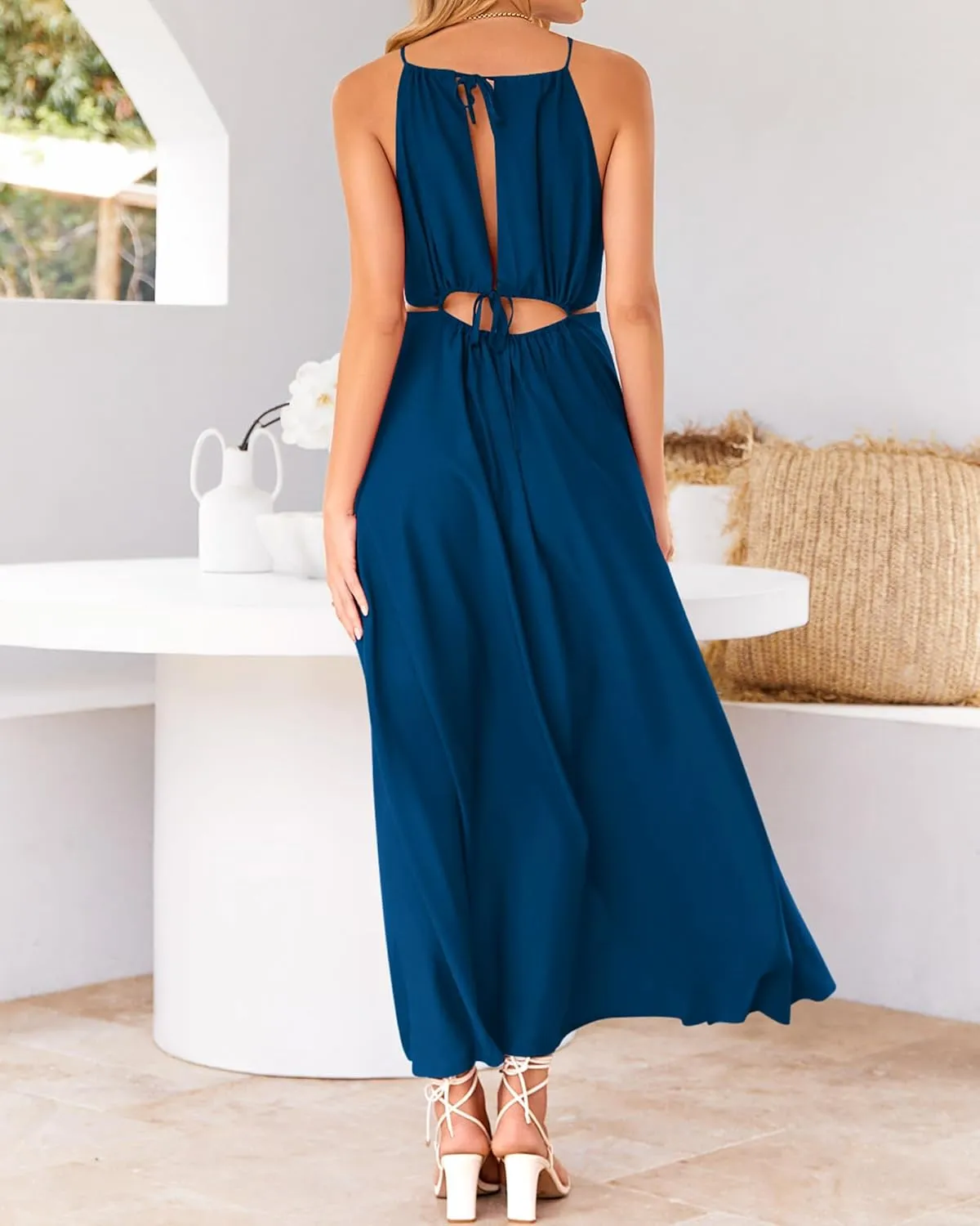 BTFBM Women Halter Summer Dresses 2025 Sleeveless Cutout Backless Sundress Slit Boho Casual Maxi Wedding Beach Dress