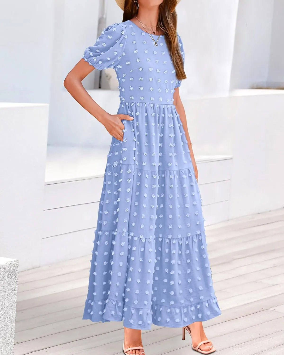 BTFBM Women Summer Boho Maxi Dress Casual Short Sleeve Swiss Dot A Line Ruffle Tiered Flowy Long Dresses with Pocket