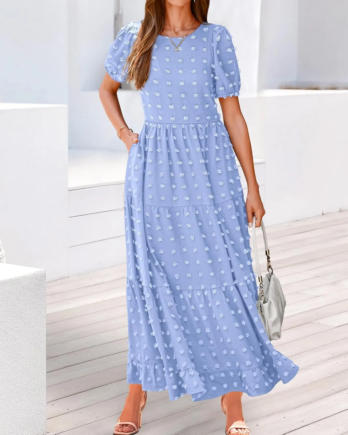 BTFBM Women Summer Boho Maxi Dress Casual Short Sleeve Swiss Dot A Line Ruffle Tiered Flowy Long Dresses with Pocket