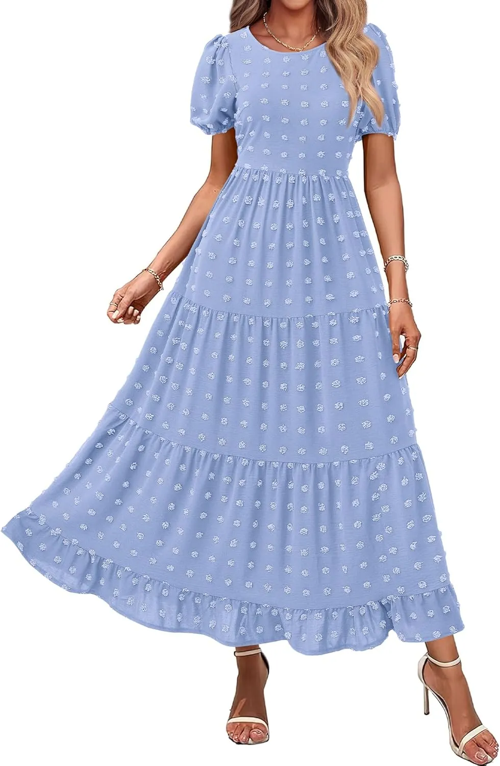 BTFBM Women Summer Boho Maxi Dress Casual Short Sleeve Swiss Dot A Line Ruffle Tiered Flowy Long Dresses with Pocket