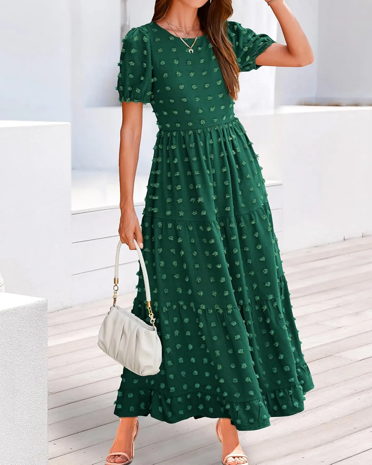 BTFBM Women Summer Boho Maxi Dress Casual Short Sleeve Swiss Dot A Line Ruffle Tiered Flowy Long Dresses with Pocket