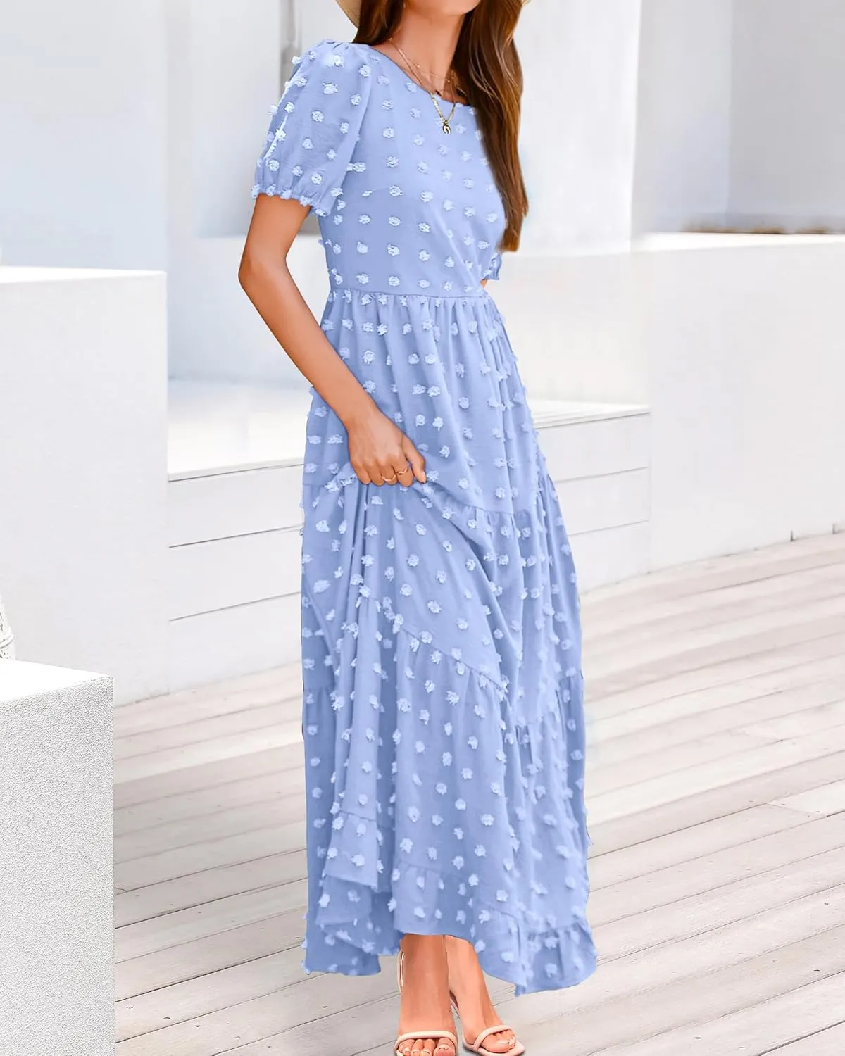 BTFBM Women Summer Boho Maxi Dress Casual Short Sleeve Swiss Dot A Line Ruffle Tiered Flowy Long Dresses with Pocket
