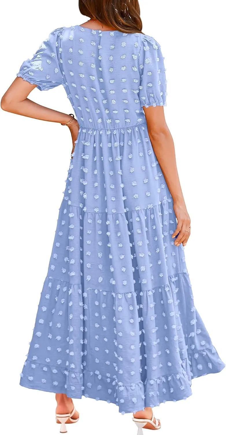 BTFBM Women Summer Boho Maxi Dress Casual Short Sleeve Swiss Dot A Line Ruffle Tiered Flowy Long Dresses with Pocket