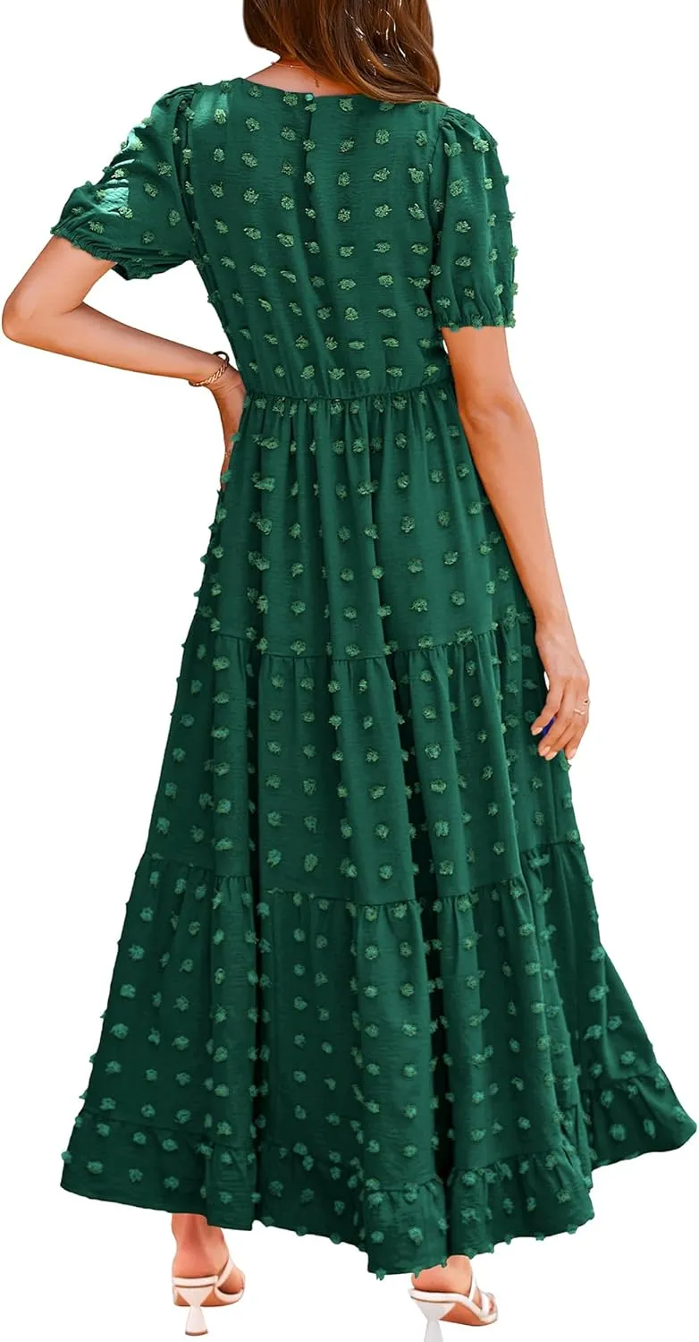 BTFBM Women Summer Boho Maxi Dress Casual Short Sleeve Swiss Dot A Line Ruffle Tiered Flowy Long Dresses with Pocket
