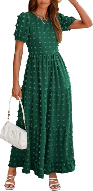 BTFBM Women Summer Boho Maxi Dress Casual Short Sleeve Swiss Dot A Line Ruffle Tiered Flowy Long Dresses with Pocket