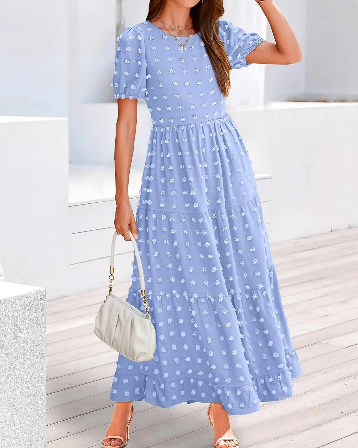 BTFBM Women Summer Boho Maxi Dress Casual Short Sleeve Swiss Dot A Line Ruffle Tiered Flowy Long Dresses with Pocket