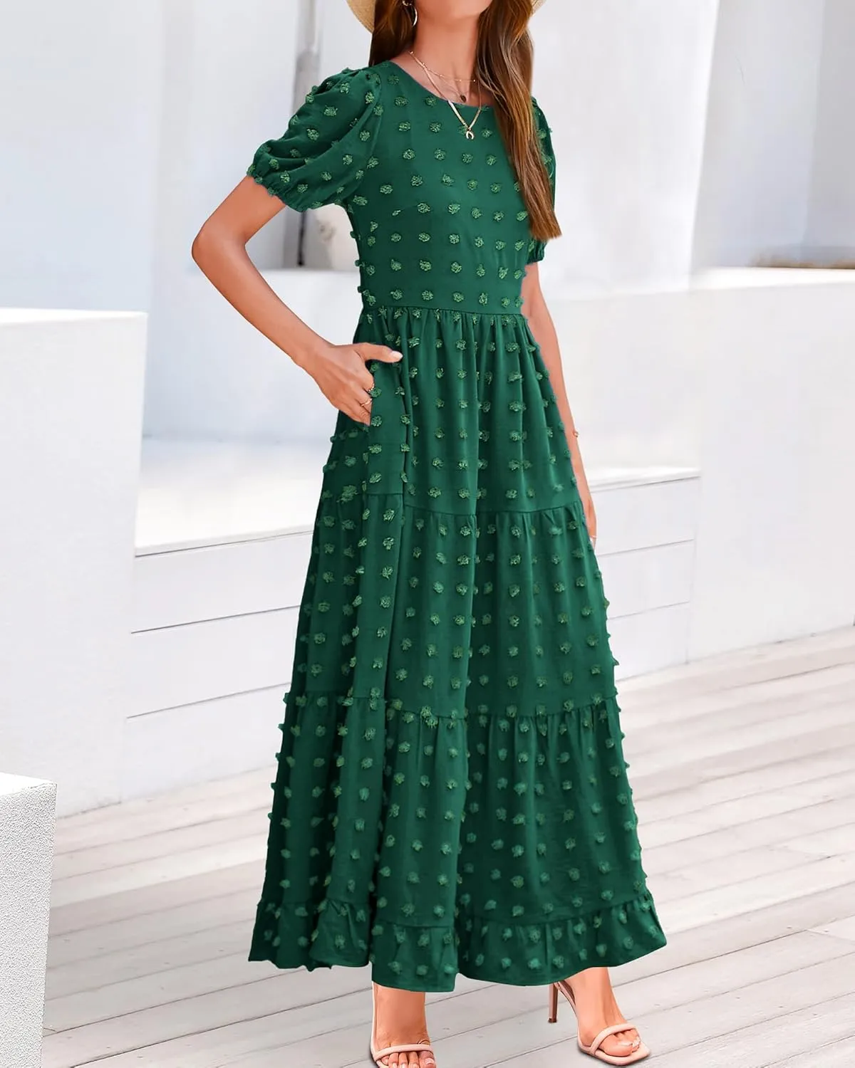 BTFBM Women Summer Boho Maxi Dress Casual Short Sleeve Swiss Dot A Line Ruffle Tiered Flowy Long Dresses with Pocket
