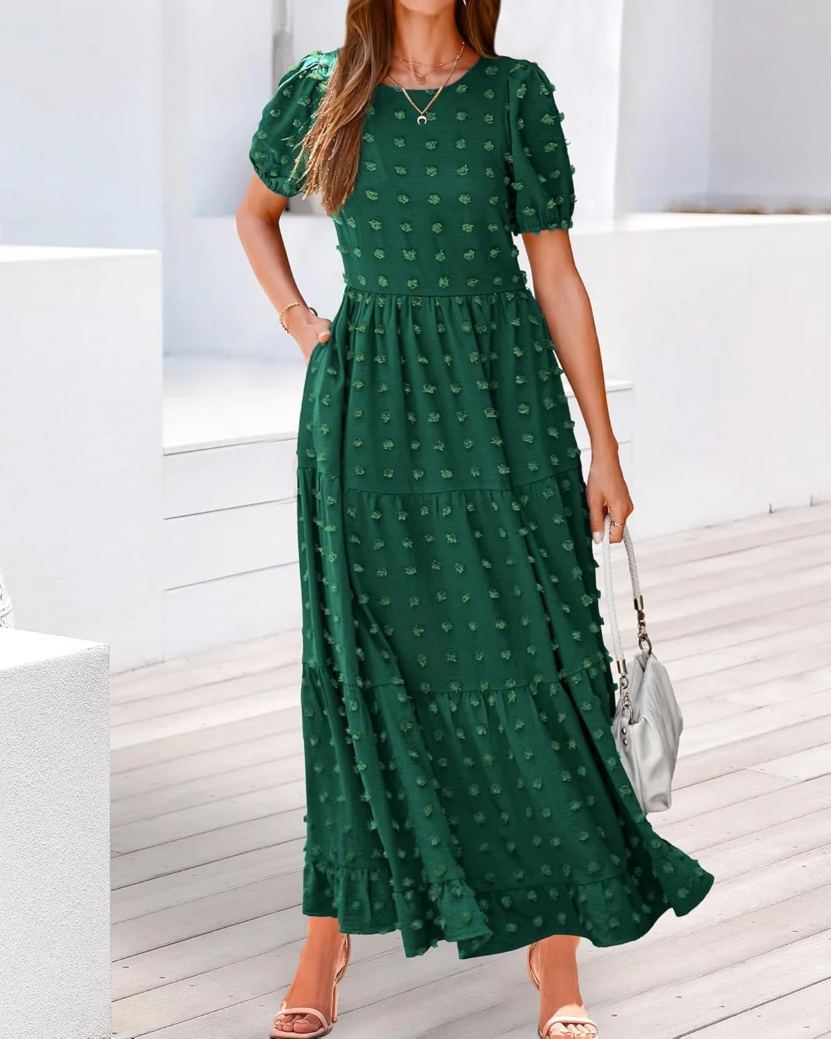 BTFBM Women Summer Boho Maxi Dress Casual Short Sleeve Swiss Dot A Line Ruffle Tiered Flowy Long Dresses with Pocket