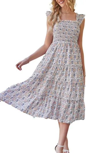 BTFBM Womens Summer Boho Smocked Beach Dresses Sleeveless Shoulder Strap Floral Flowy Tiered Party Midi Casual Sundress
