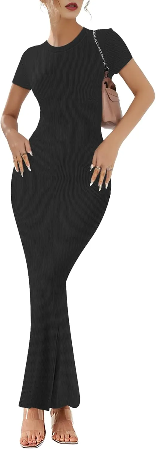 Buauty Women Bodycon Dresses Ribbed Maxi Dresses Basic Summer Casual Long Dress Black Wedding Guest Dress Formal Party