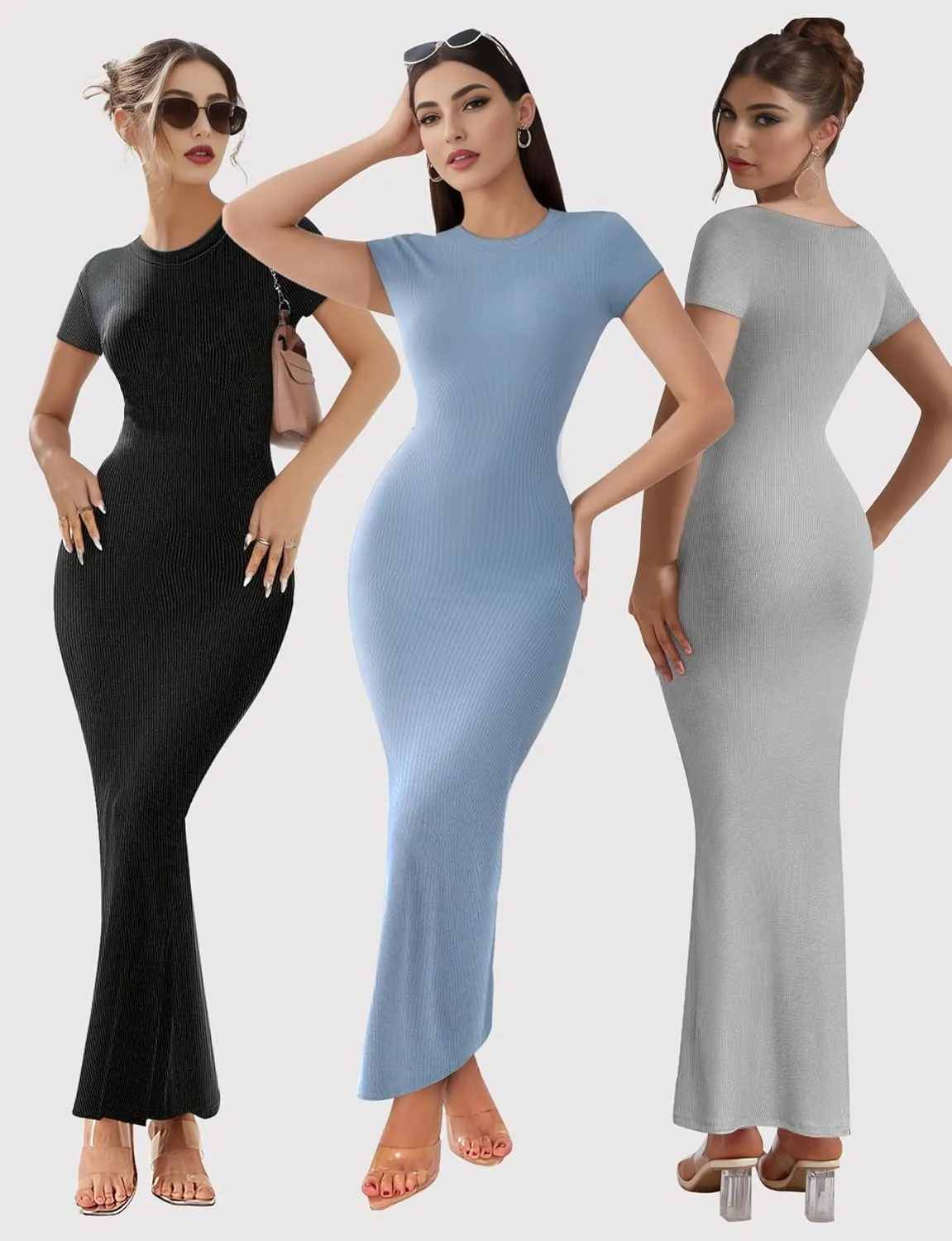Buauty Women Bodycon Dresses Ribbed Maxi Dresses Basic Summer Casual Long Dress Black Wedding Guest Dress Formal Party