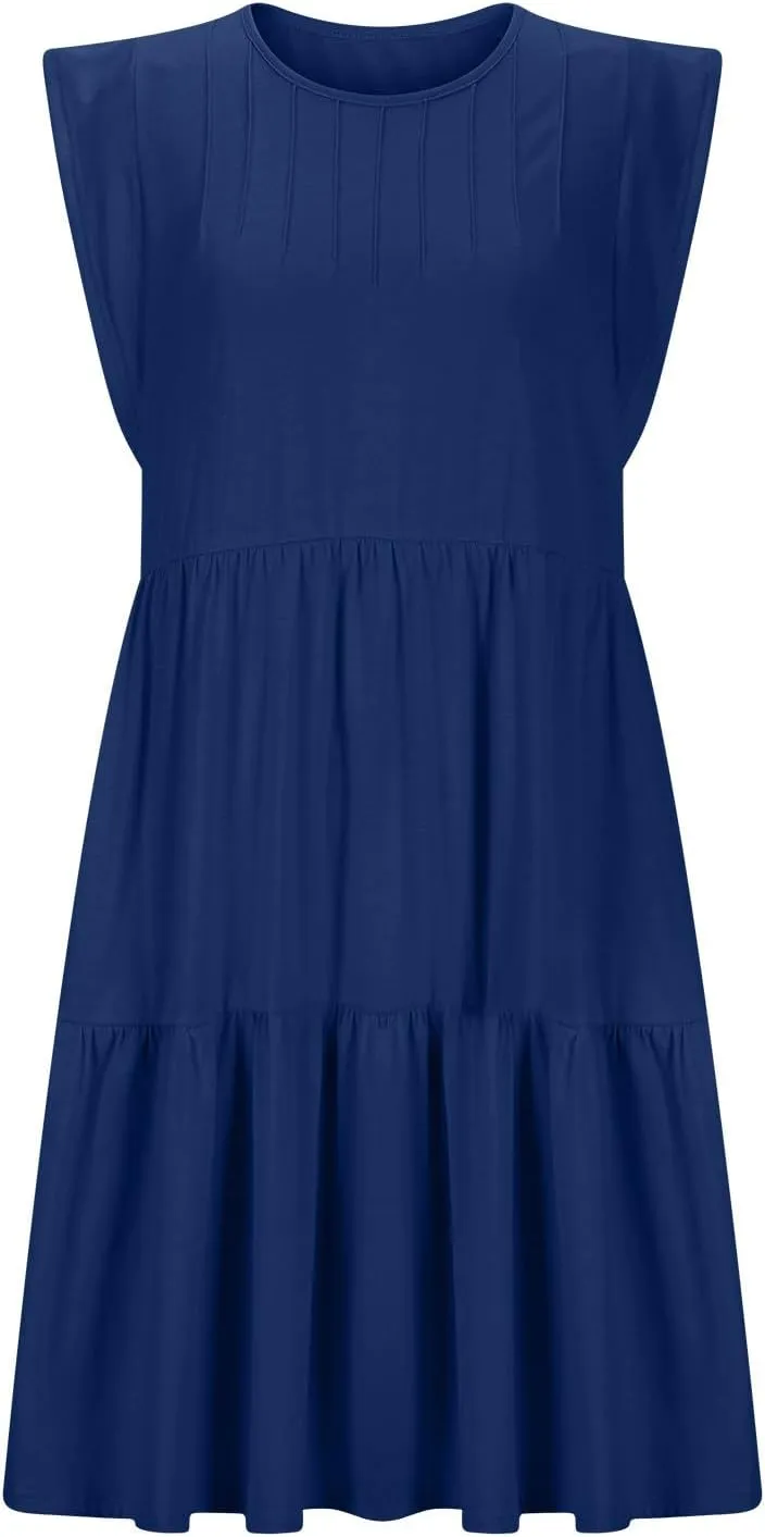 Cap Sleeve Crewneck Pleated Babydoll Mini Dress for Women Summer Beach Casual Ruffle Tiered Flowy A Line Swing Sundress