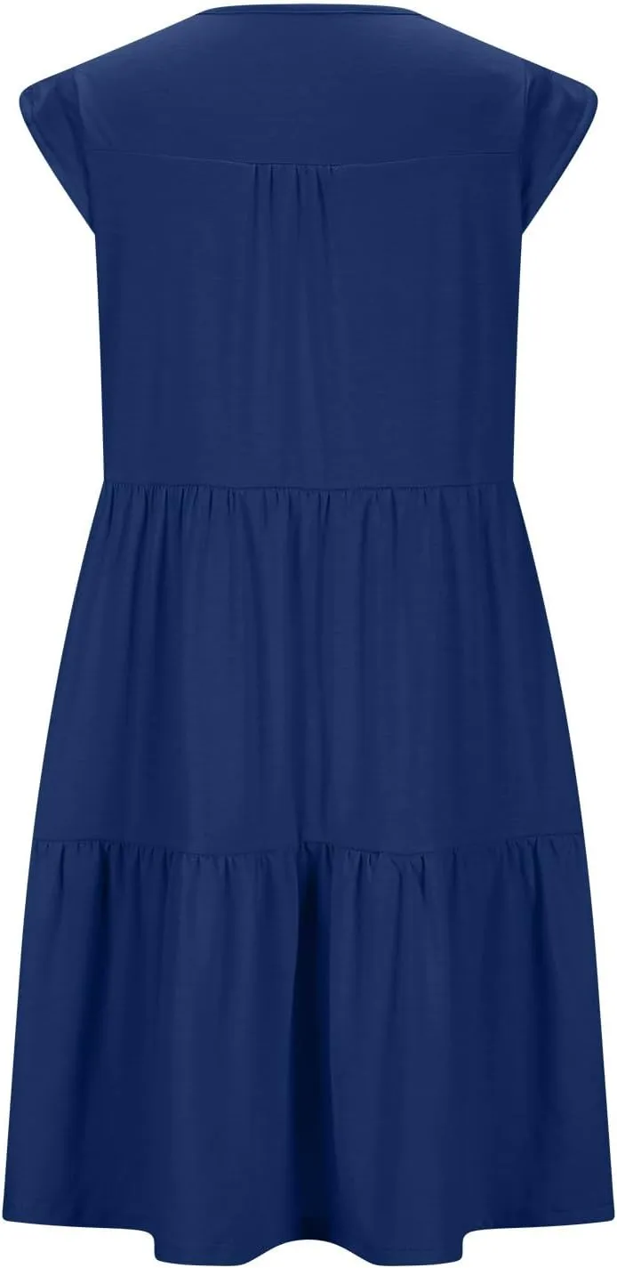 Cap Sleeve Crewneck Pleated Babydoll Mini Dress for Women Summer Beach Casual Ruffle Tiered Flowy A Line Swing Sundress