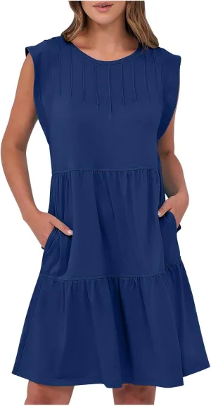 Cap Sleeve Crewneck Pleated Babydoll Mini Dress for Women Summer Beach Casual Ruffle Tiered Flowy A Line Swing Sundress
