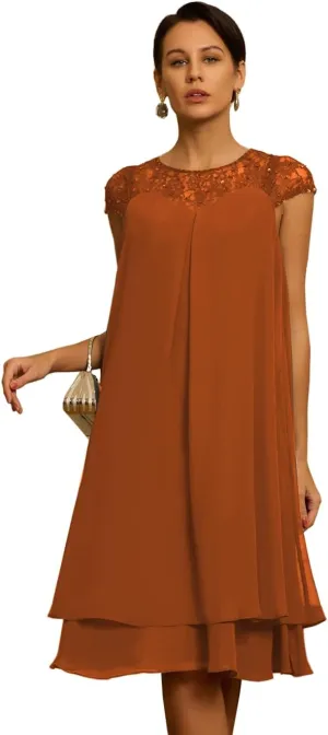 Cap Sleeves Chiffon Mother of The Bride Dresses for Women Scoop Neck Laces Knee Length Wedding Guest Dress