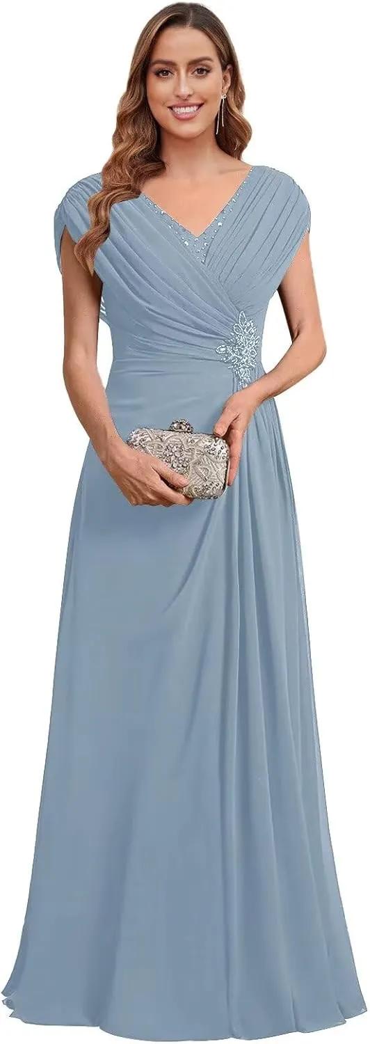 Cap Sleeves Mother of The Bride Dresses for Women Chiffon Beaded Long Ruched A Line Formal Dresses