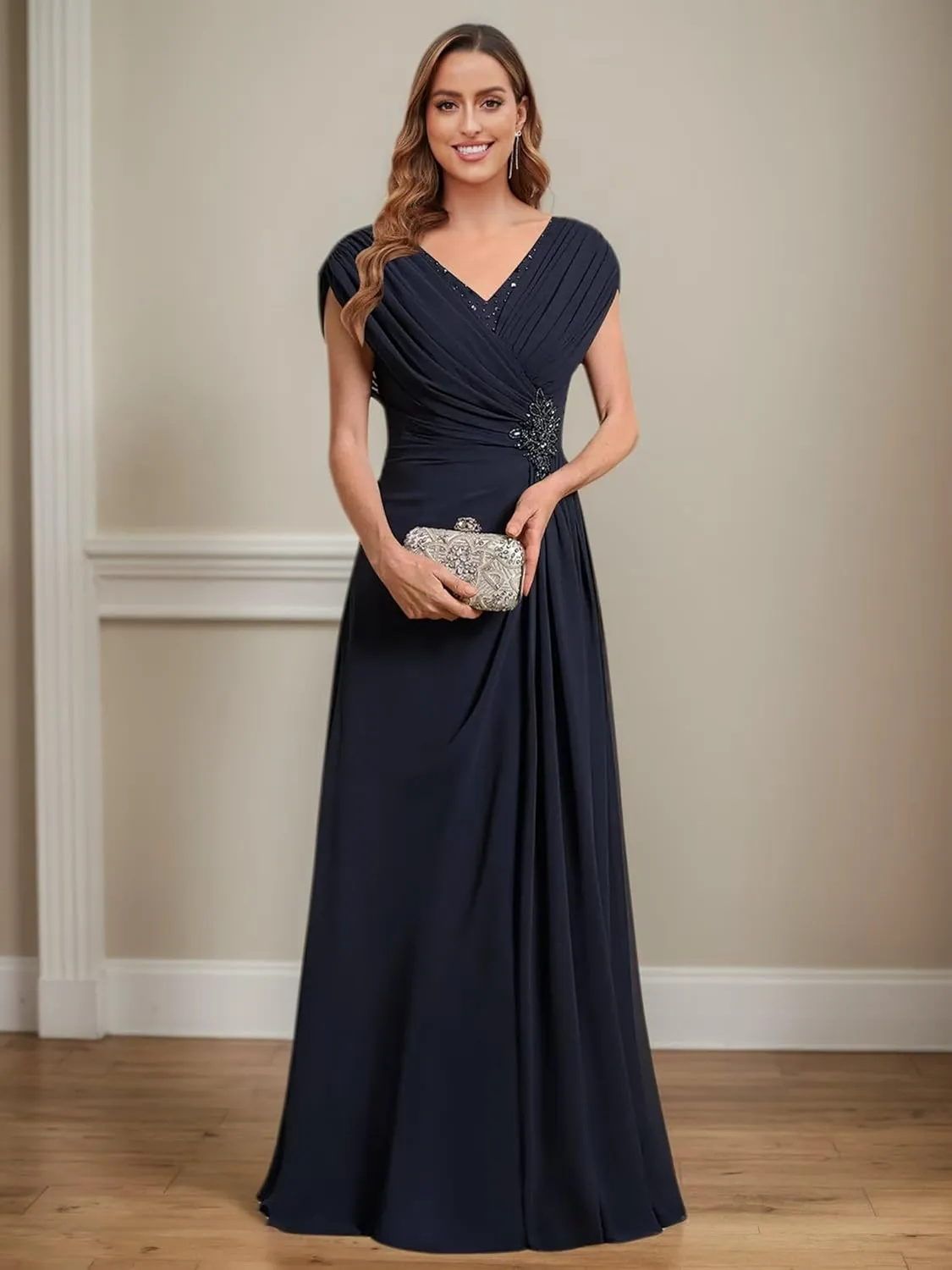 Cap Sleeves Mother of The Bride Dresses for Women Chiffon Beaded Long Ruched A Line Formal Dresses