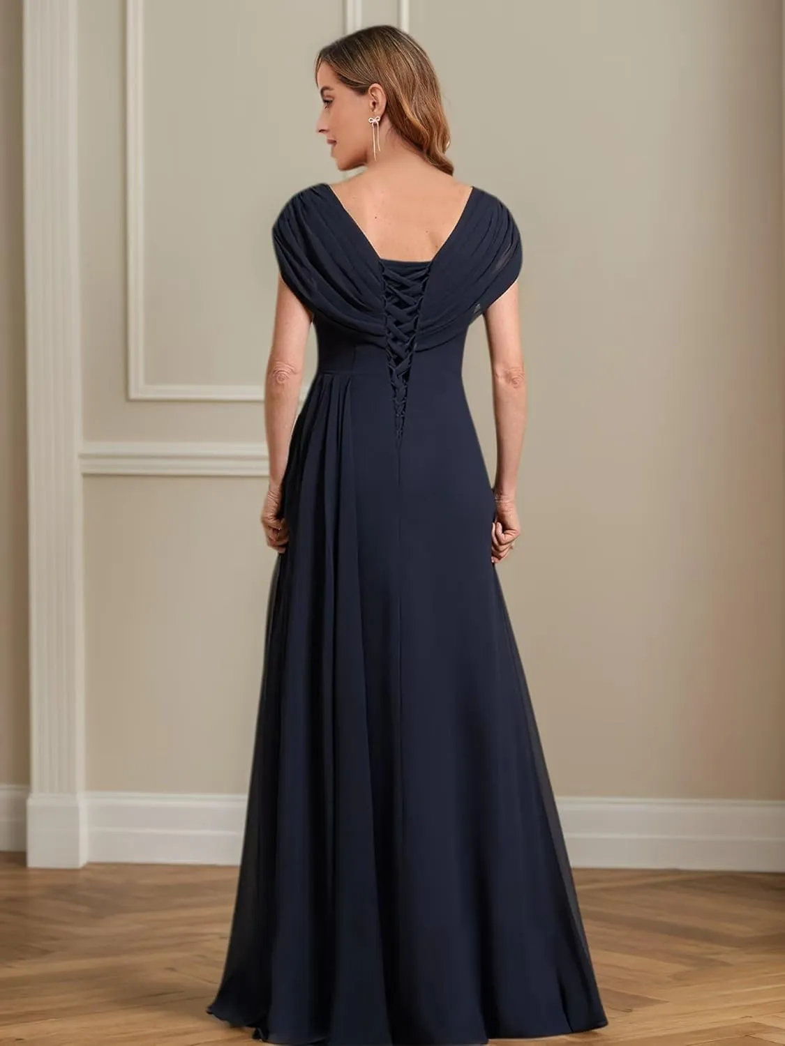 Cap Sleeves Mother of The Bride Dresses for Women Chiffon Beaded Long Ruched A Line Formal Dresses