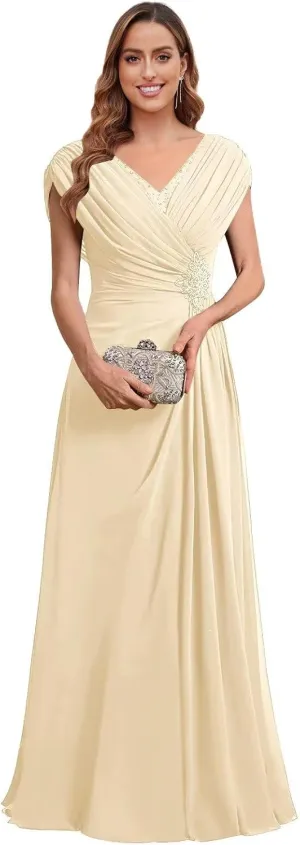 Cap Sleeves Mother of The Bride Dresses for Women Chiffon Beaded Long Ruched A Line Formal Dresses