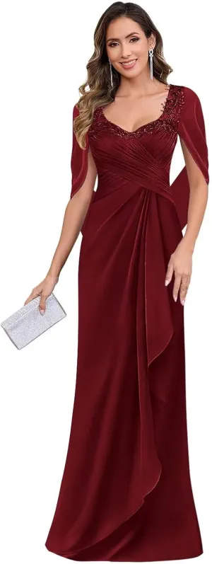 Cape Sleeve Mother of The Bride Dresses for Wedding Long Mermaid Ruched Chiffon Lace Formal Evening Gown