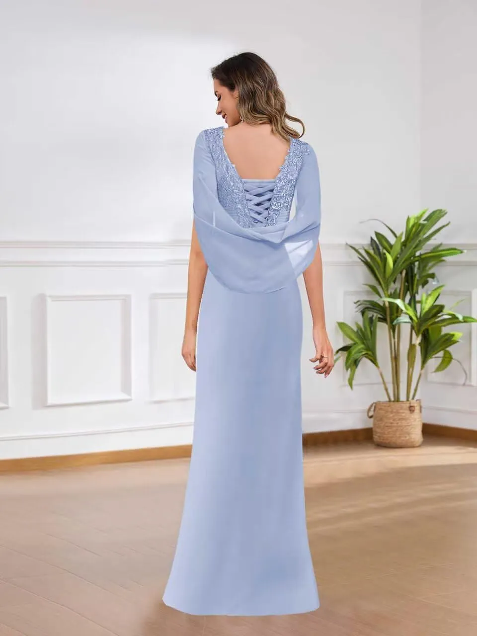 Cape Sleeve Mother of The Bride Dresses for Wedding Long Mermaid Ruched Chiffon Lace Formal Evening Gown