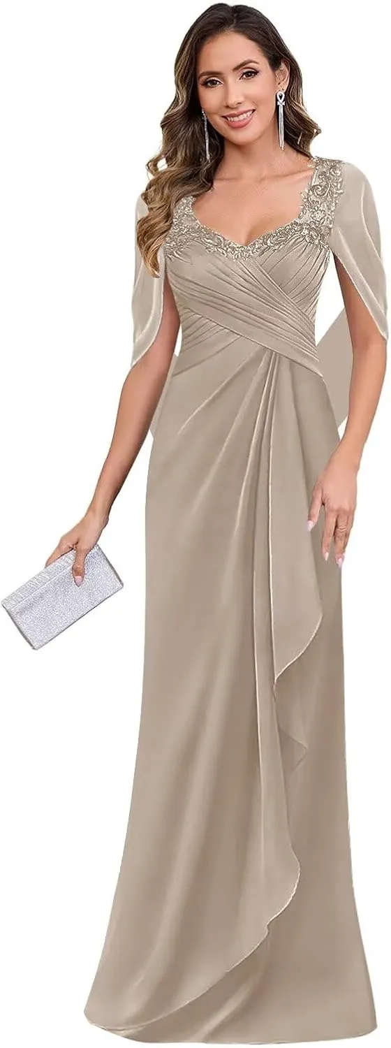 Cape Sleeve Mother of The Bride Dresses for Wedding Long Mermaid Ruched Chiffon Lace Formal Evening Gown