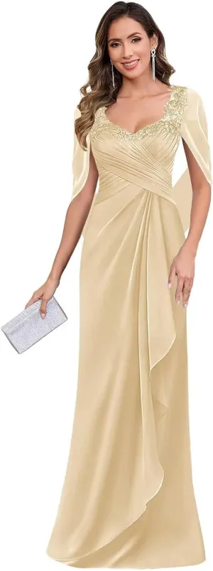 Cape Sleeve Mother of The Bride Dresses for Wedding Long Mermaid Ruched Chiffon Lace Formal Evening Gown