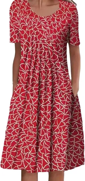 Casual Dresses for Women Floral Print Crewneck Short Sleeve Vintage Dresses with Pockets Loose Fit Trendy Summer Dress