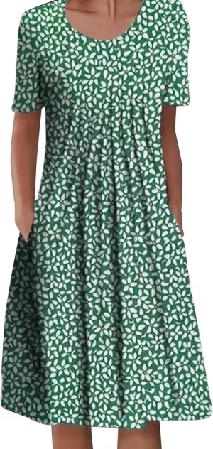 Casual Dresses for Women Floral Print Crewneck Short Sleeve Vintage Dresses with Pockets Loose Fit Trendy Summer Dress