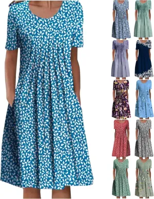 Casual Dresses for Women Floral Print Crewneck Short Sleeve Vintage Dresses with Pockets Loose Fit Trendy Summer Dress