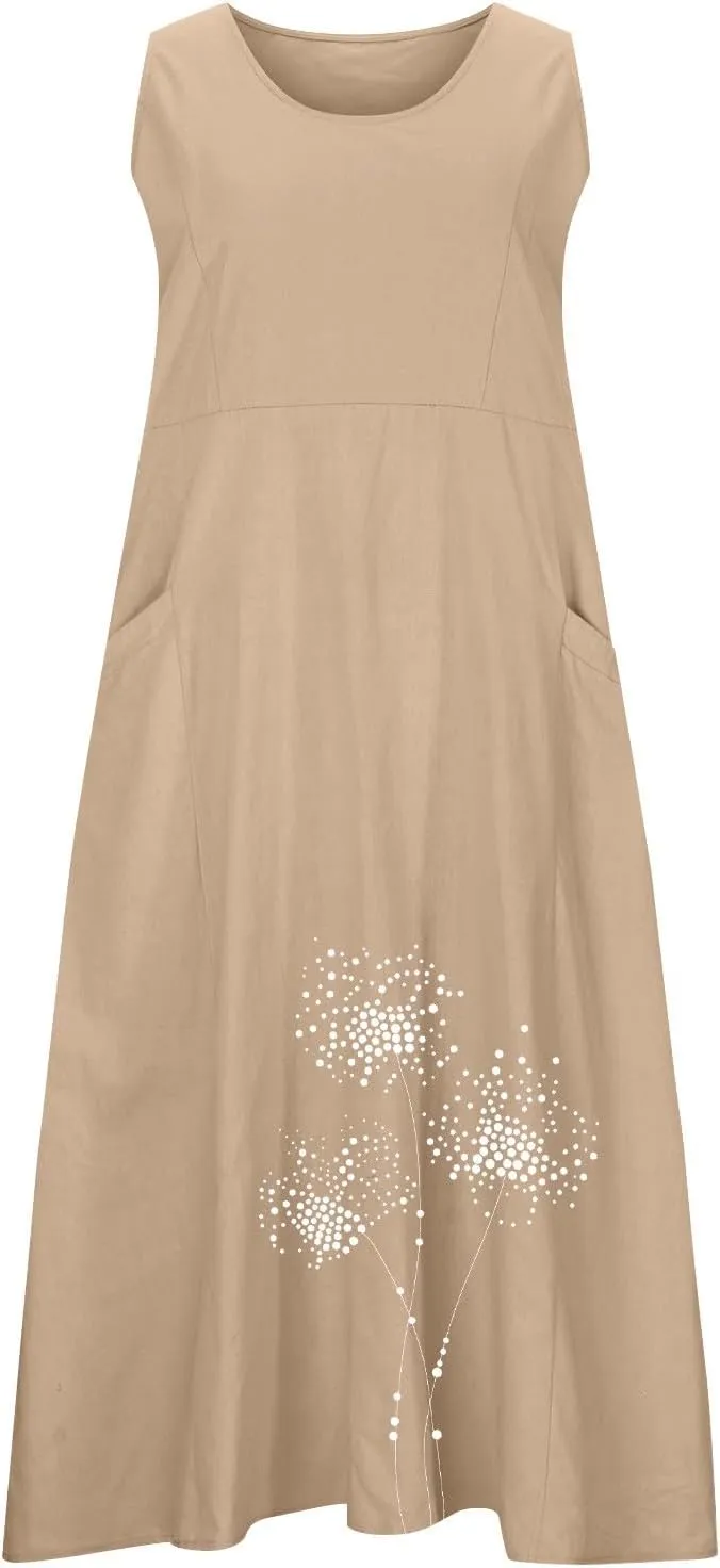 Casual Dresses Women Sleeveless Printed Crew Neck Midi Dress 2025 Summer Loose Trendy Lightweight Dress with Pockets