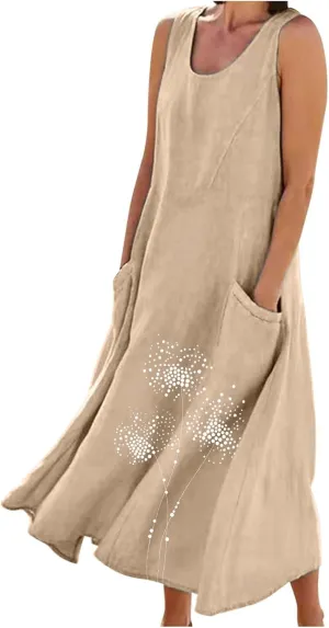 Casual Dresses Women Sleeveless Printed Crew Neck Midi Dress 2025 Summer Loose Trendy Lightweight Dress with Pockets
