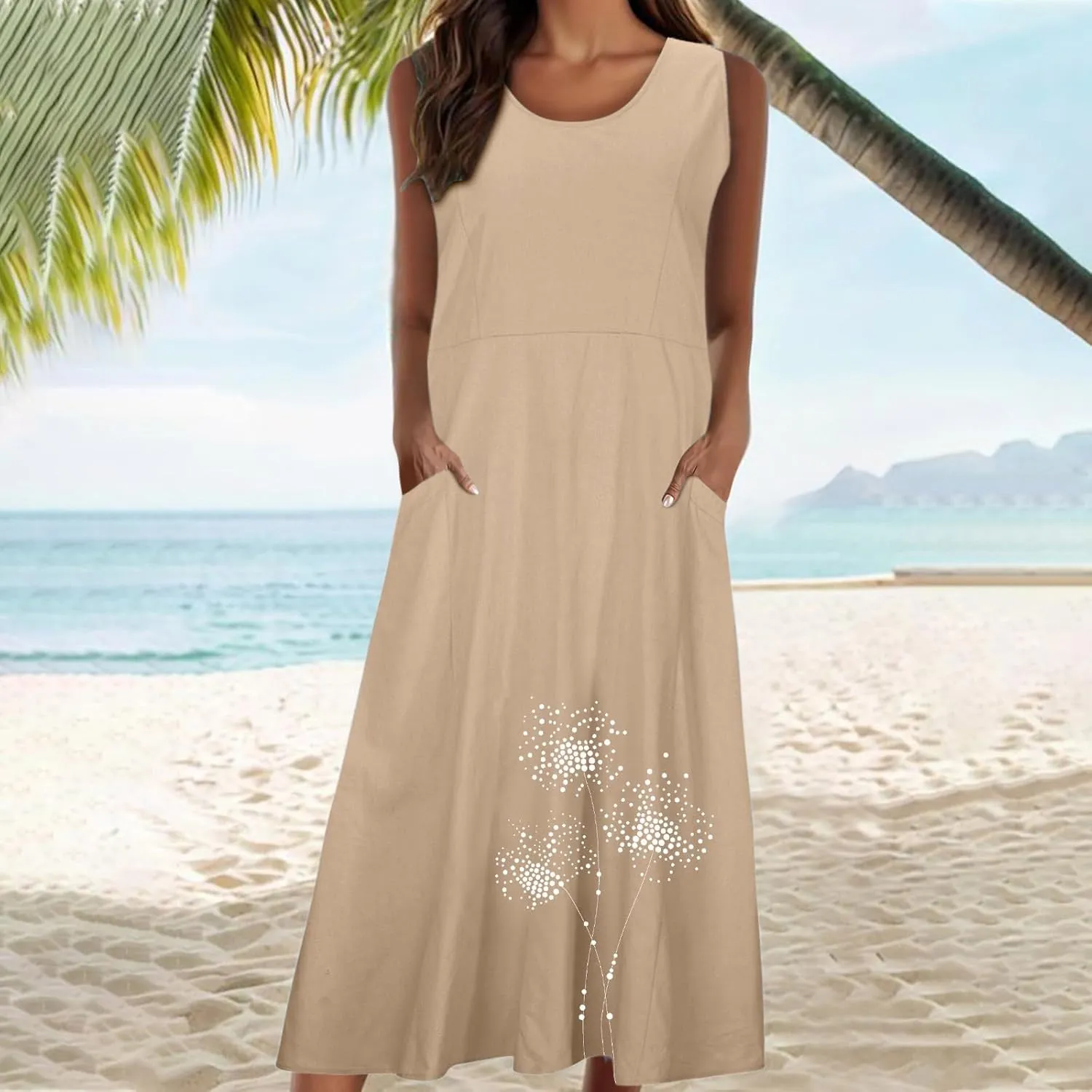 Casual Dresses Women Sleeveless Printed Crew Neck Midi Dress 2025 Summer Loose Trendy Lightweight Dress with Pockets