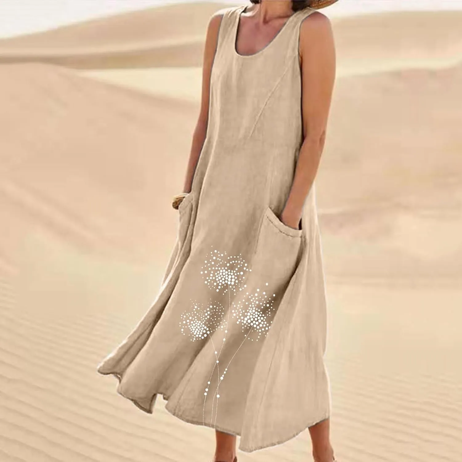 Casual Dresses Women Sleeveless Printed Crew Neck Midi Dress 2025 Summer Loose Trendy Lightweight Dress with Pockets