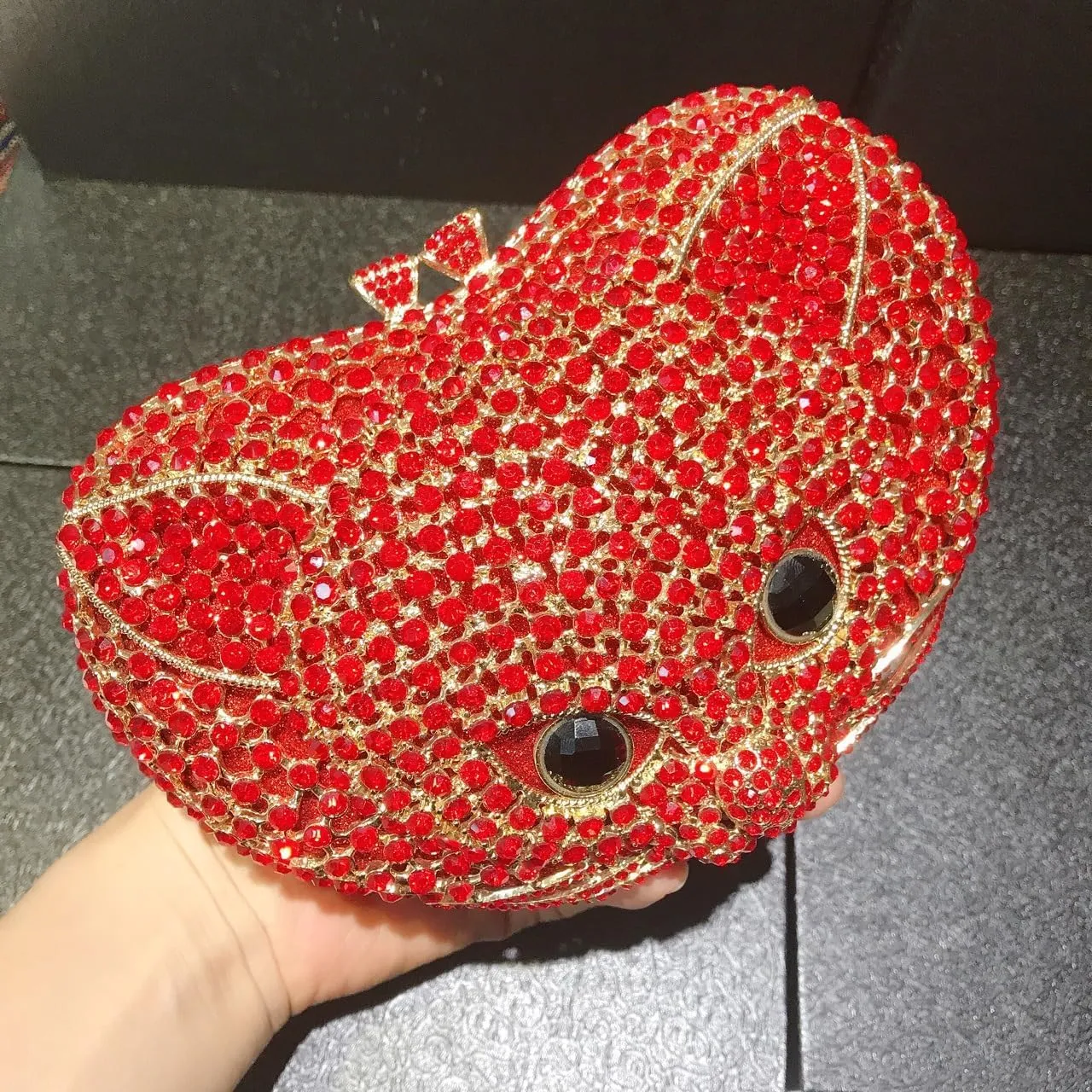 Cat Shape Red Woman Clutch Crystal Evening Purse Wedding Diamond Bag Lady Cocktail Banquet Rhinestone Animal Handbag, Red