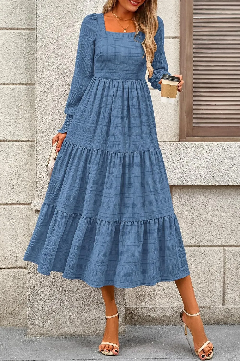 CFLONGE Women's Fall Dresses 2025 Puff Long Sleeve Square Neck Dress High Waist Smocked A-Line Flowy Wedding Party Maxi Dress