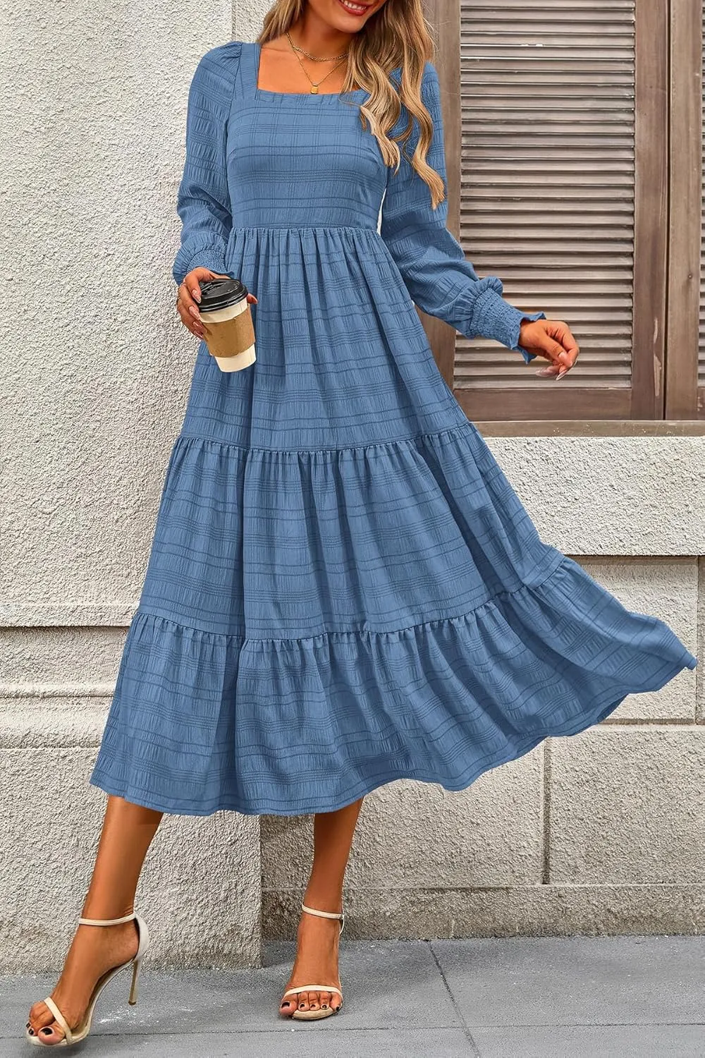 CFLONGE Women's Fall Dresses 2025 Puff Long Sleeve Square Neck Dress High Waist Smocked A-Line Flowy Wedding Party Maxi Dress