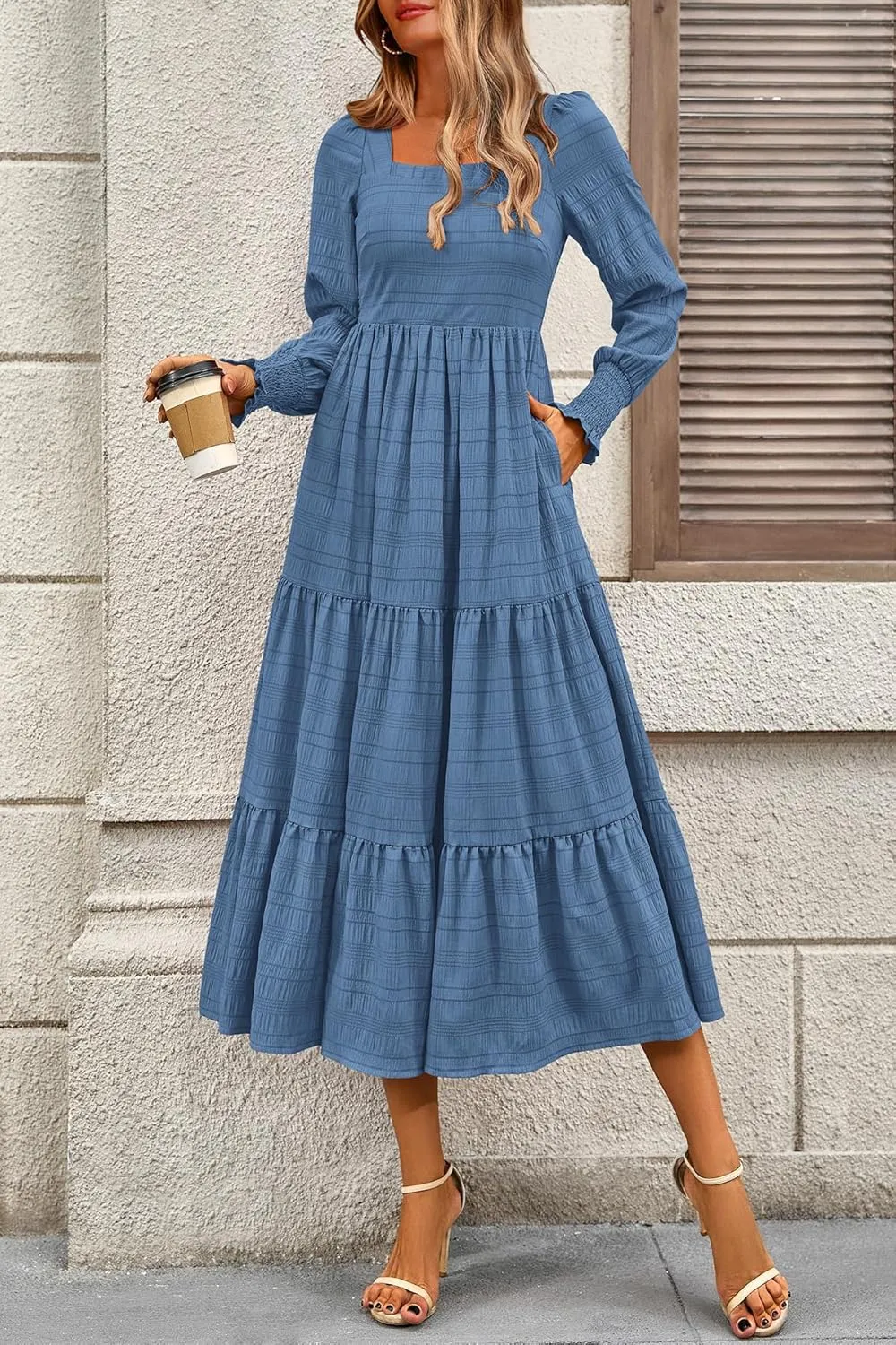 CFLONGE Women's Fall Dresses 2025 Puff Long Sleeve Square Neck Dress High Waist Smocked A-Line Flowy Wedding Party Maxi Dress