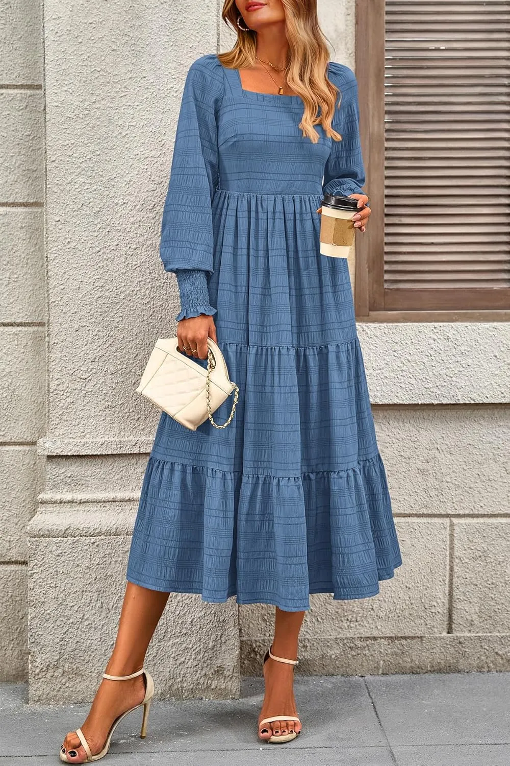 CFLONGE Women's Fall Dresses 2025 Puff Long Sleeve Square Neck Dress High Waist Smocked A-Line Flowy Wedding Party Maxi Dress
