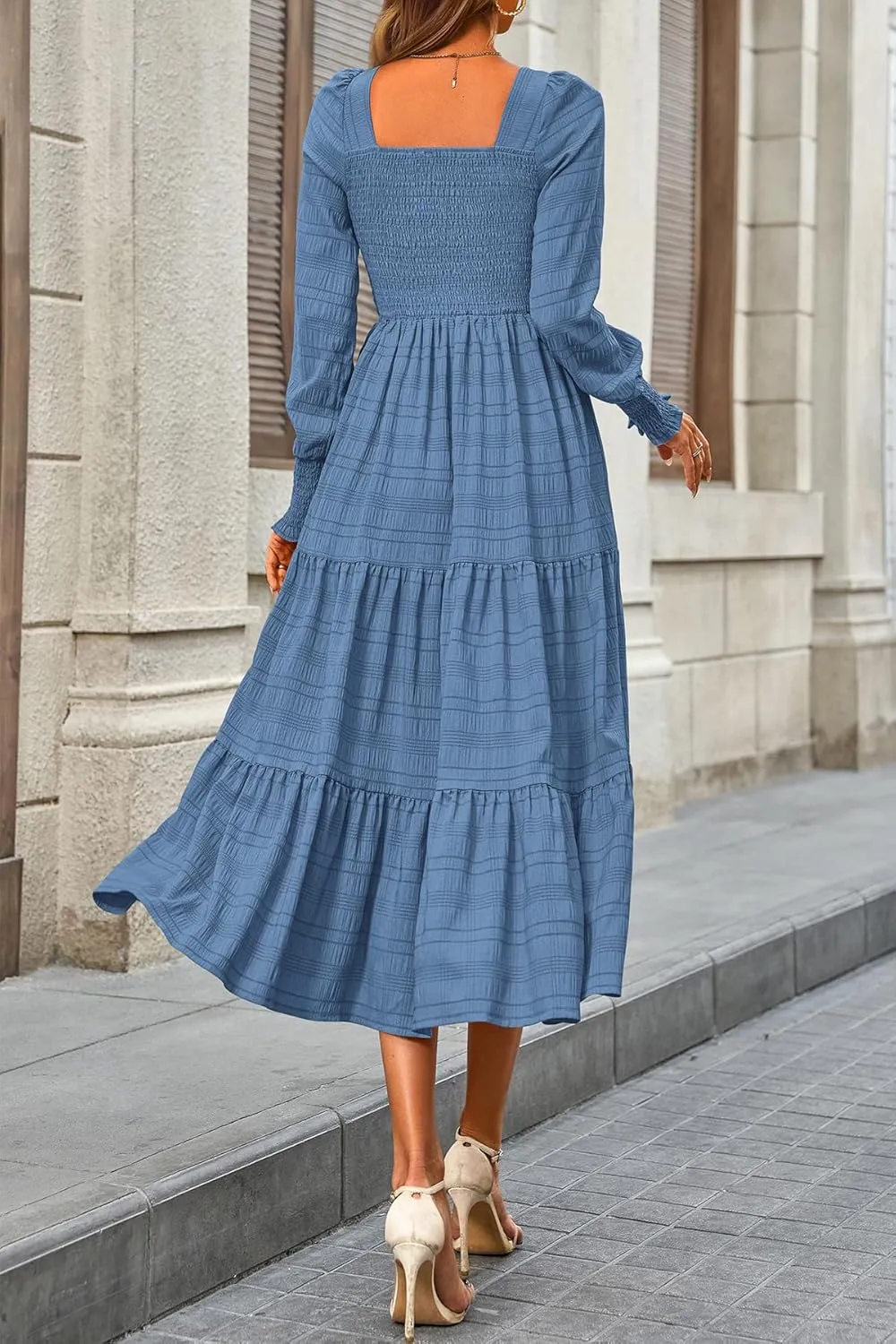 CFLONGE Women's Fall Dresses 2025 Puff Long Sleeve Square Neck Dress High Waist Smocked A-Line Flowy Wedding Party Maxi Dress